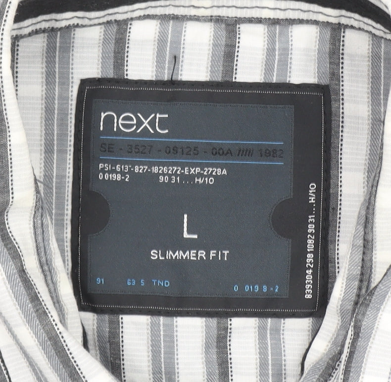 Next Men’s Grey Striped Slim Fit Long Sleeve Cotton Button-Up Shirt Size L