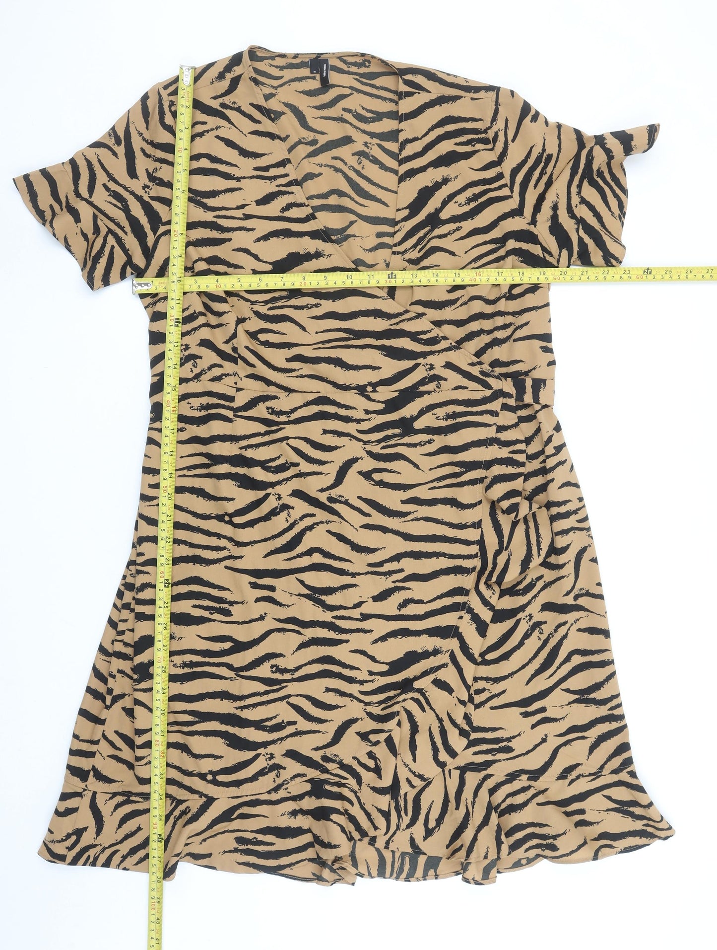 Vero Moda Women Brown Animal Print Wrap Dress XL Ruffle Hem