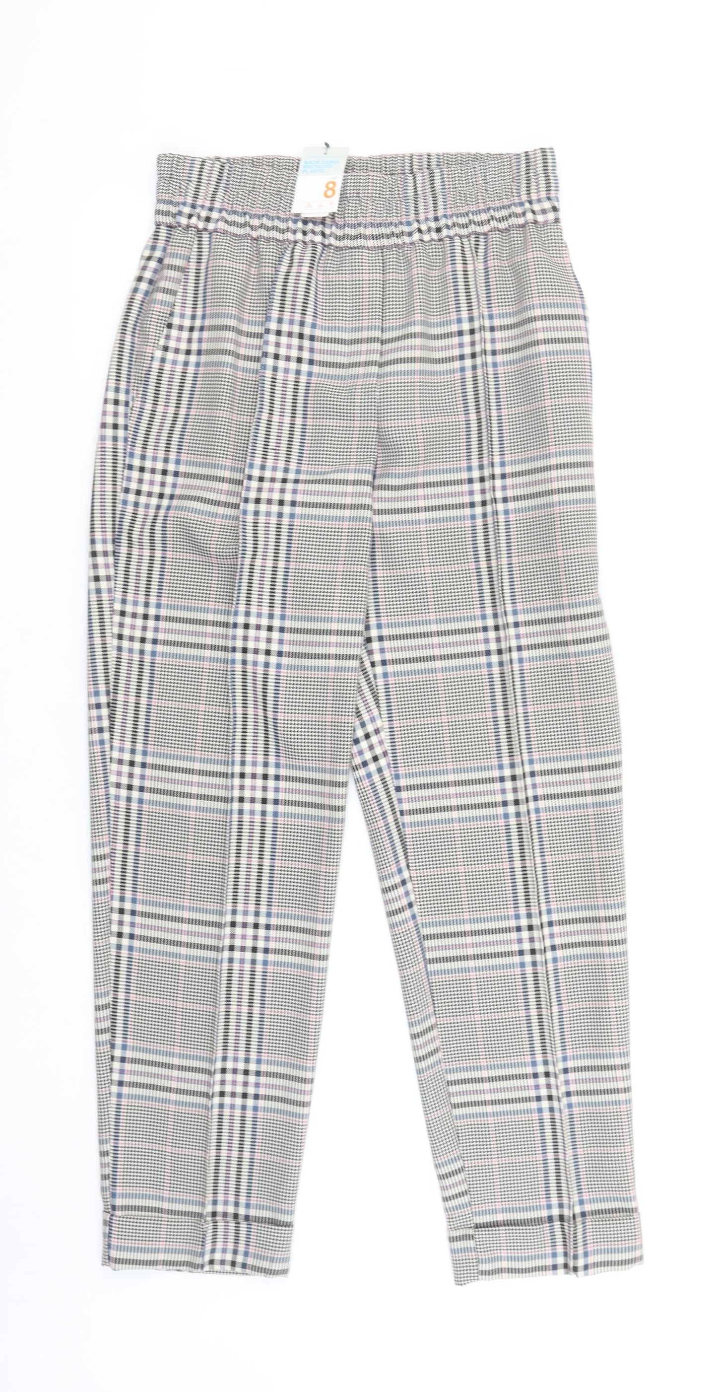 Primark Women Grey Check Tapered Trousers Size 8 Elastic Waist