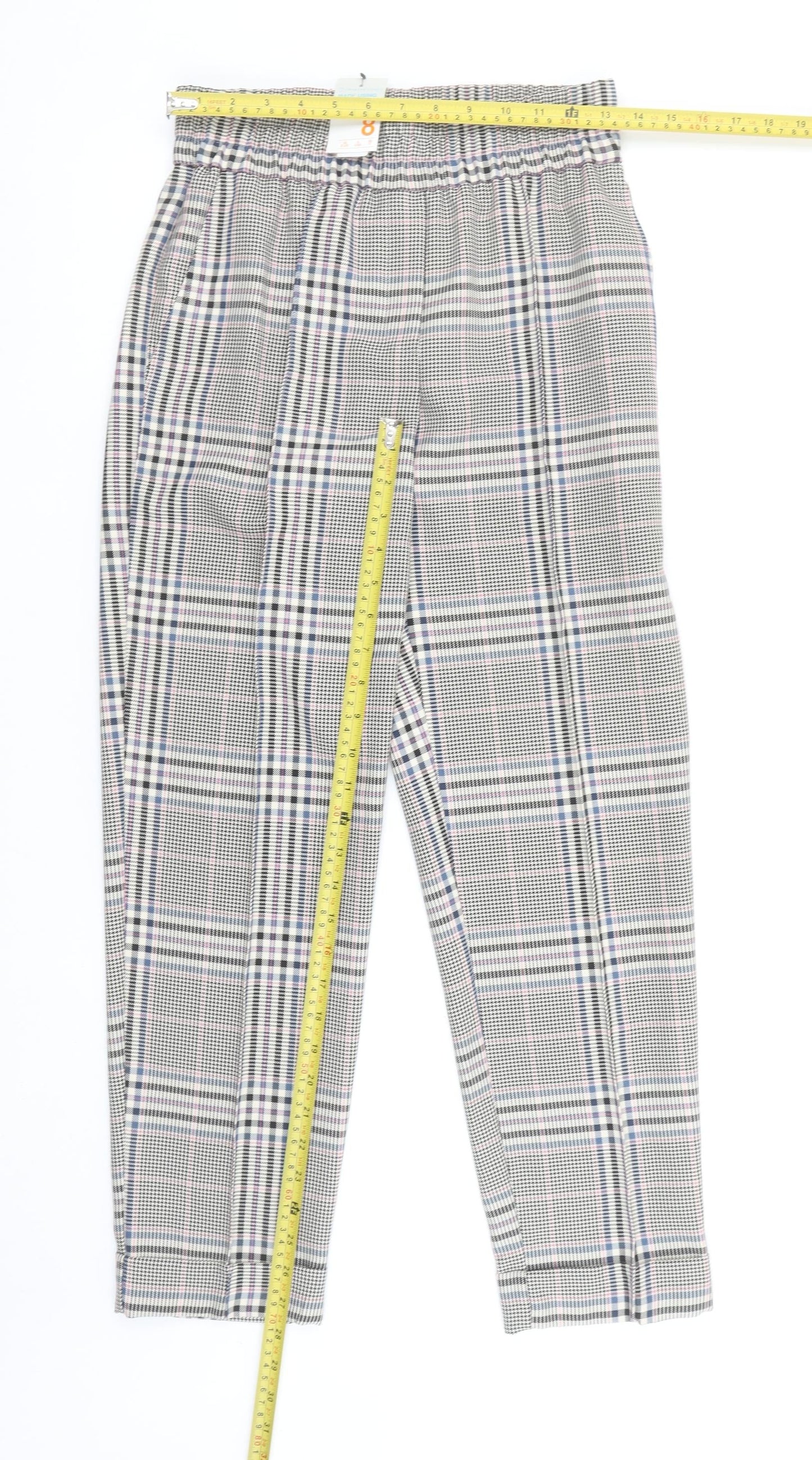 Primark Women Grey Check Tapered Trousers Size 8 Elastic Waist