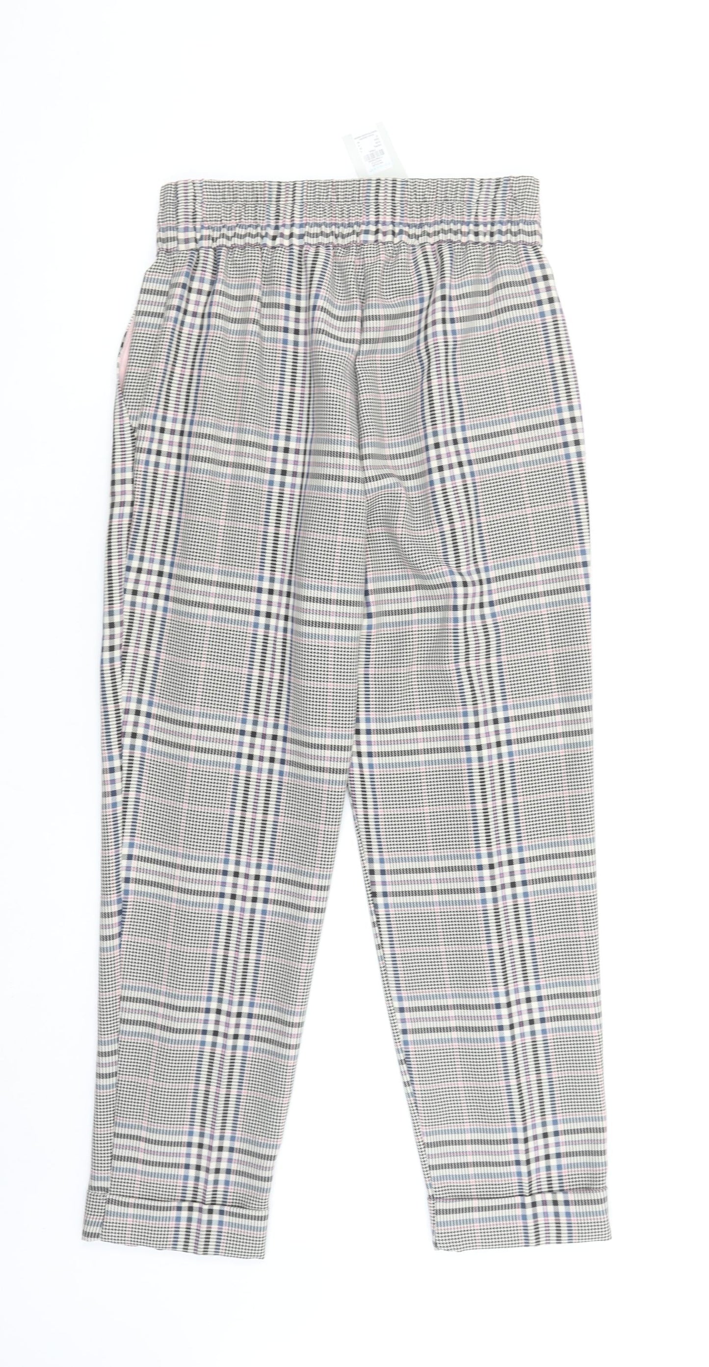 Primark Women Grey Check Tapered Trousers Size 8 Elastic Waist