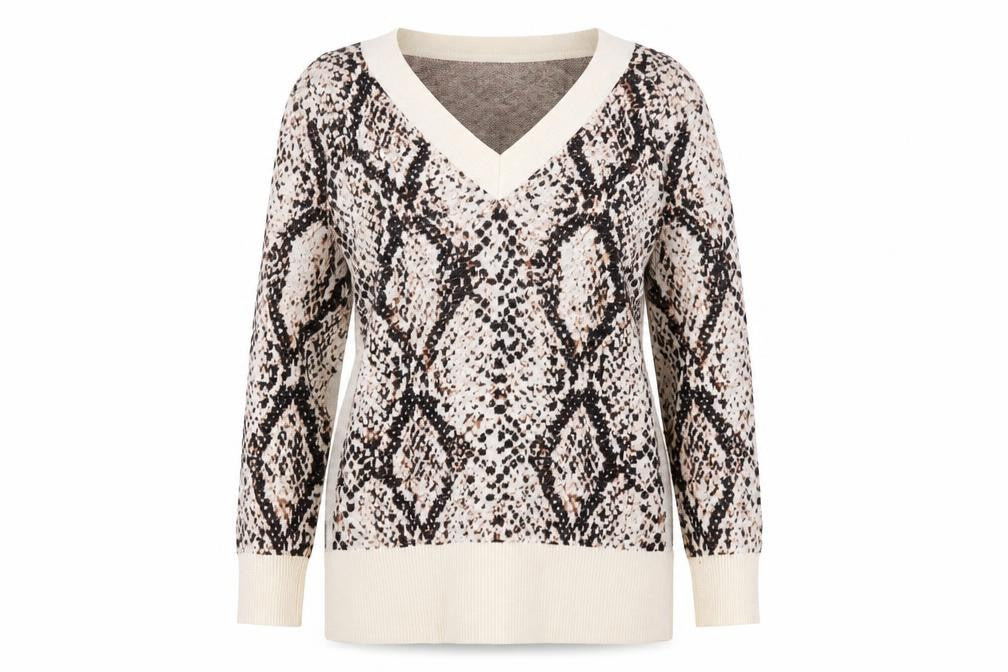 River Island Women Beige Animal Print V-Neck Pullover Jumper Size 8