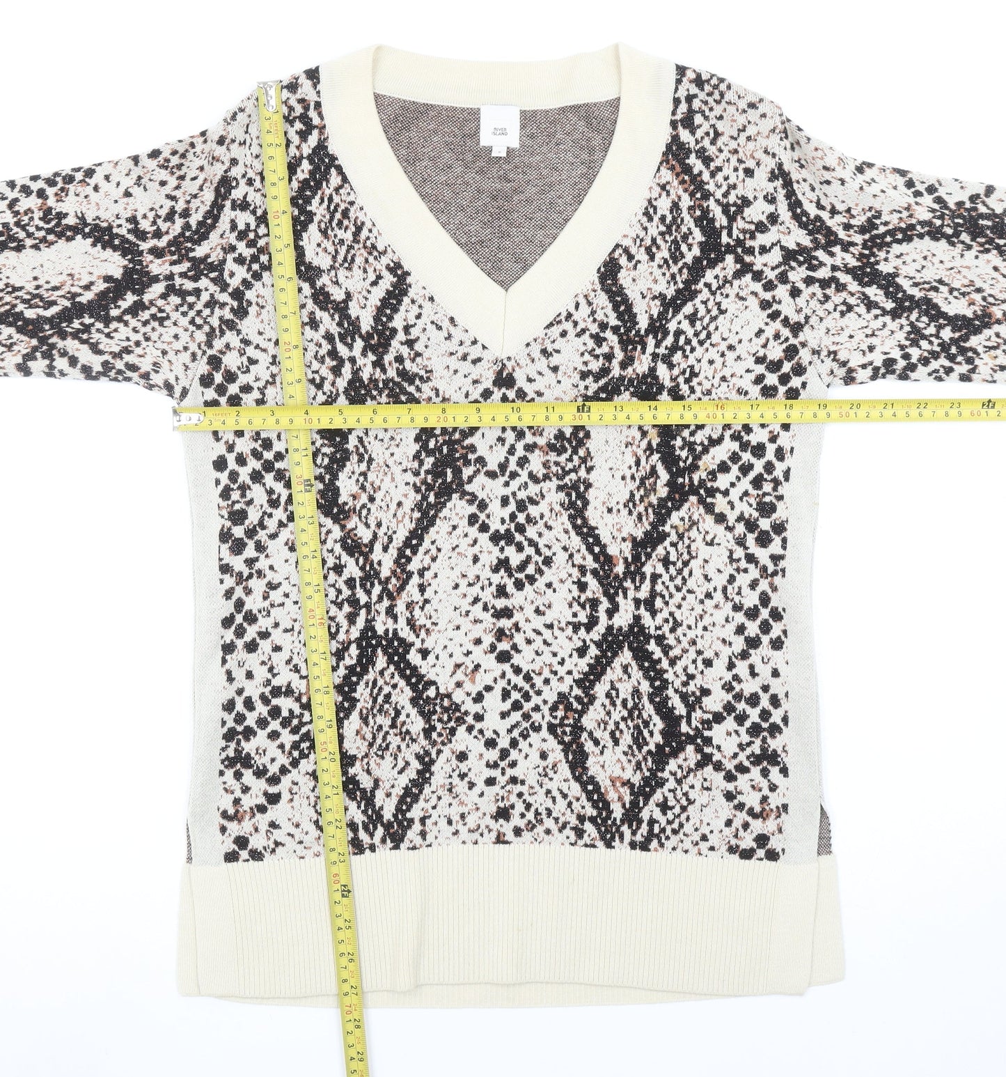 River Island Women Beige Animal Print V-Neck Pullover Jumper Size 8