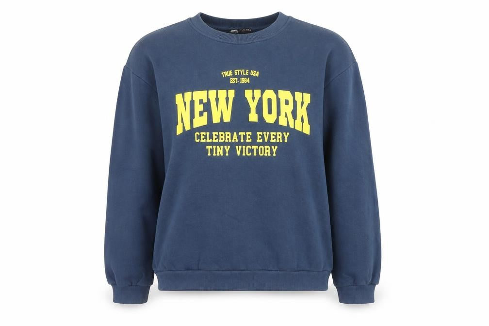 ZARA Women Blue New York Graphic Pullover Sweatshirt Size L