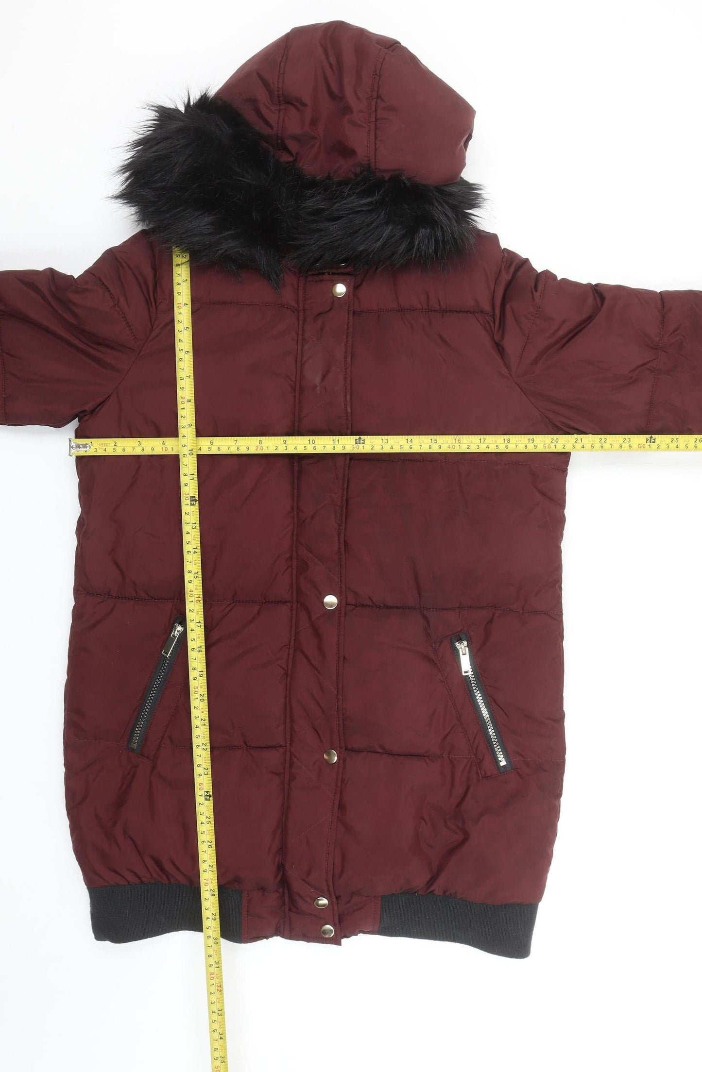 B.YOU Womens Red Long Puffer Coat Faux Fur Hood Size 12 Winter Jacket