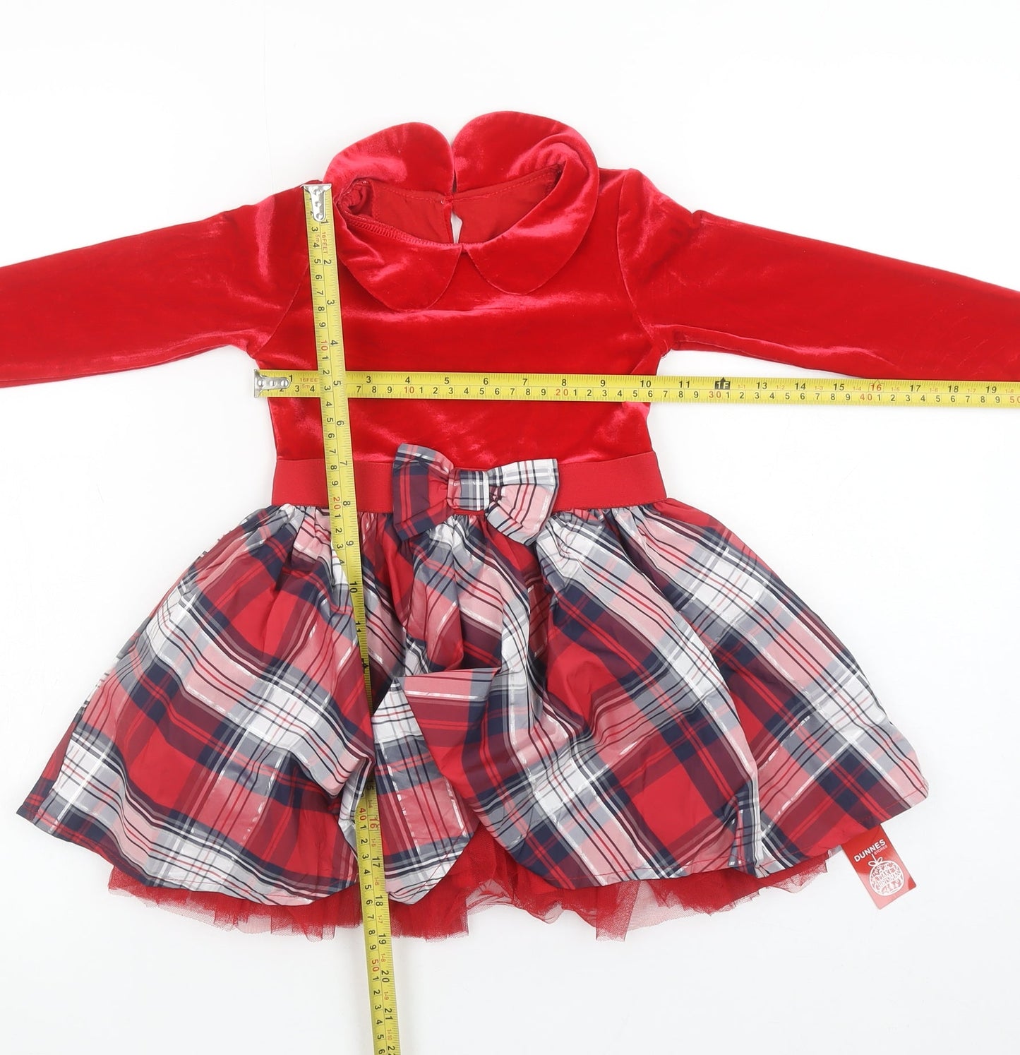 Dunnes Stores Girls Red Velvet Check Bow Fit & Flare Christmas Dress 18-24 Months