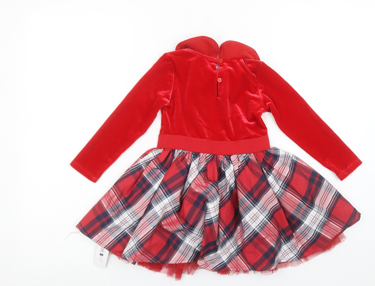 Dunnes Stores Girls Red Velvet Check Bow Fit & Flare Christmas Dress 18-24 Months