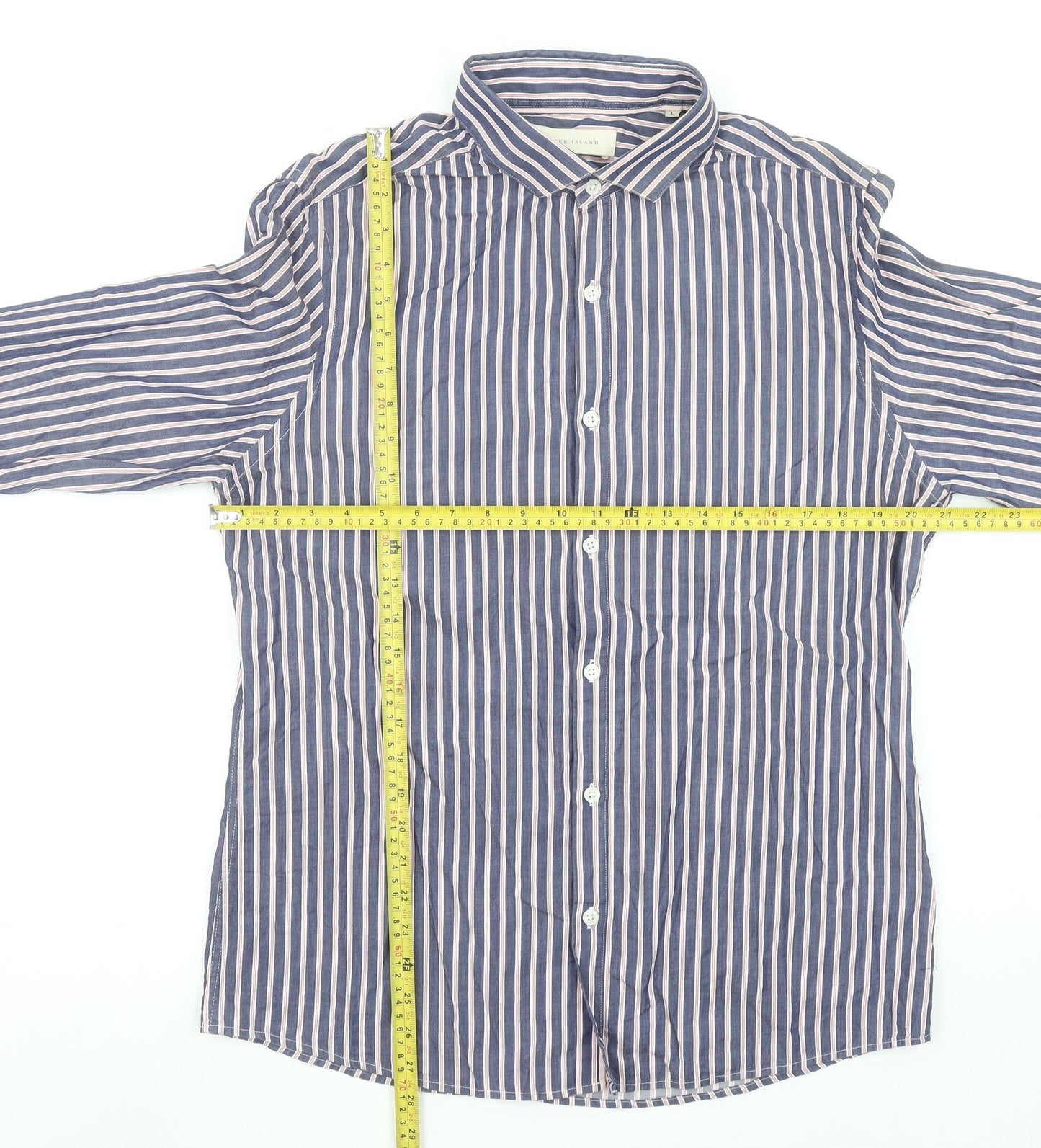 River Island Men's Blue Striped Cotton Long Sleeve Button-Up Shirt L