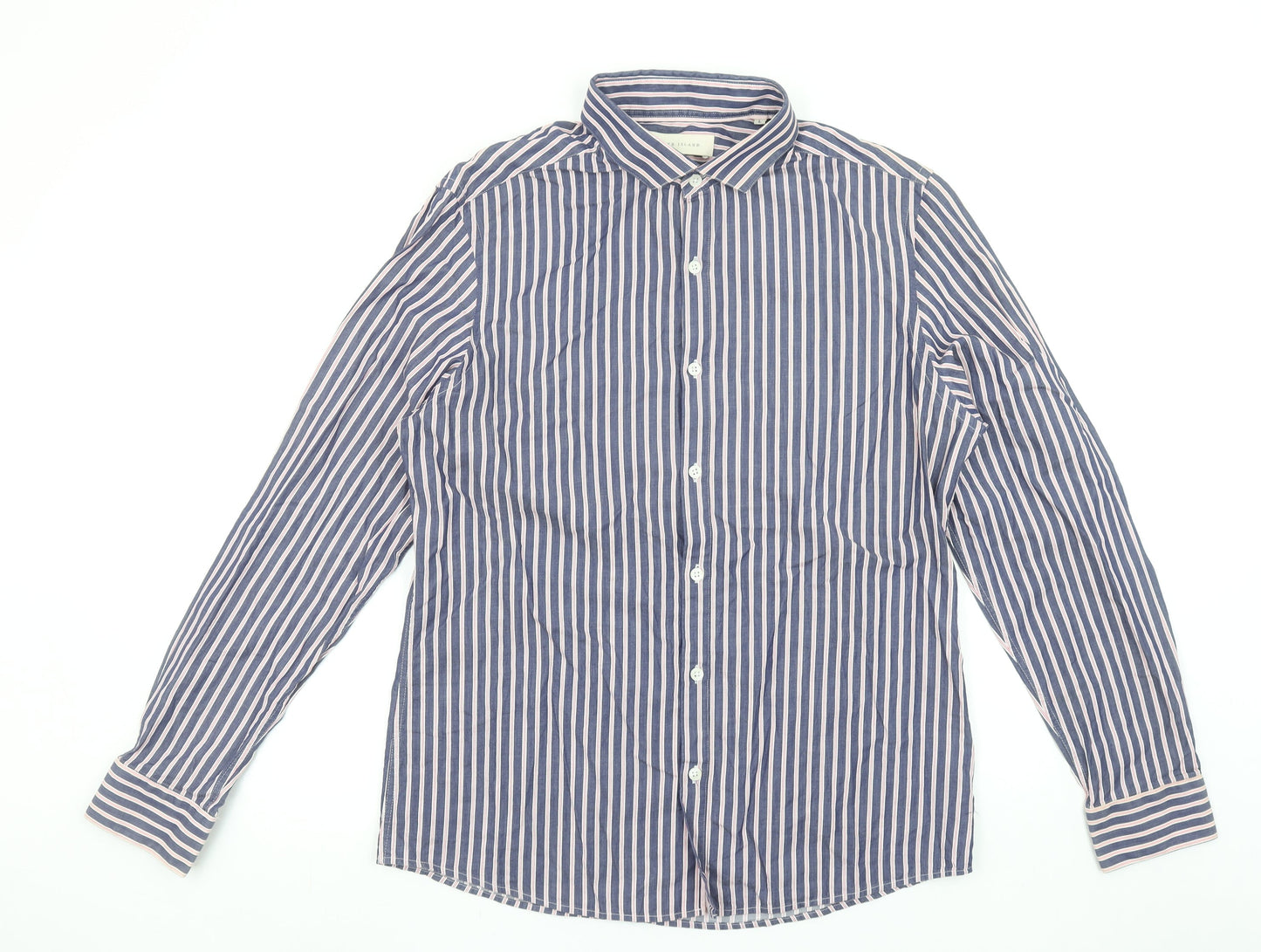 River Island Men's Blue Striped Cotton Long Sleeve Button-Up Shirt L