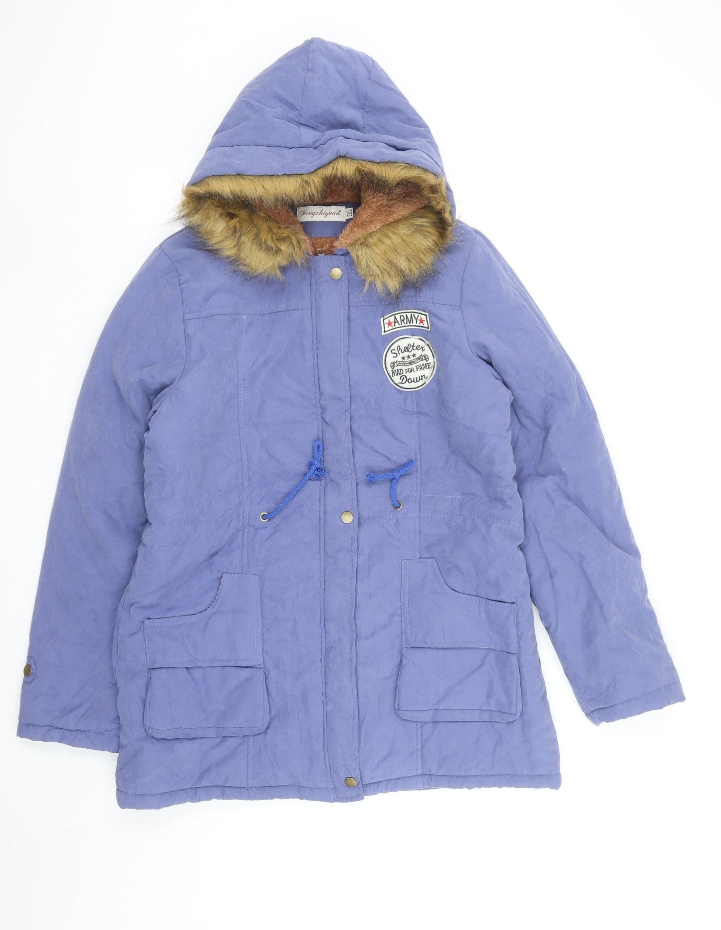 Fengzhiyuan Women’s Blue 2XL Hooded Fur Trim Parka Coat