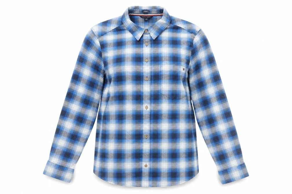 Tommy Hilfiger Women Blue Check Button-Up Shirt Size L Relaxed Fit Cotton Blend