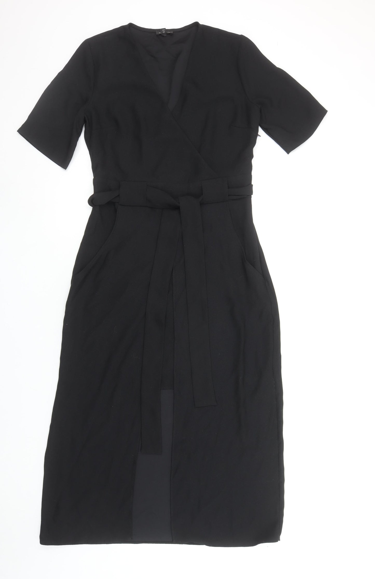 River Island Women's Black Midi Wrap Belted Dress Size 8