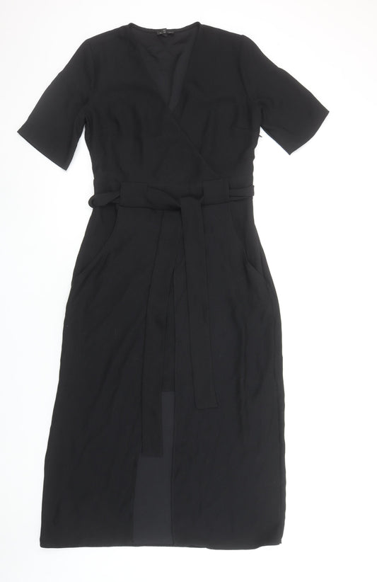 River Island Women's Black Midi Wrap Belted Dress Size 8
