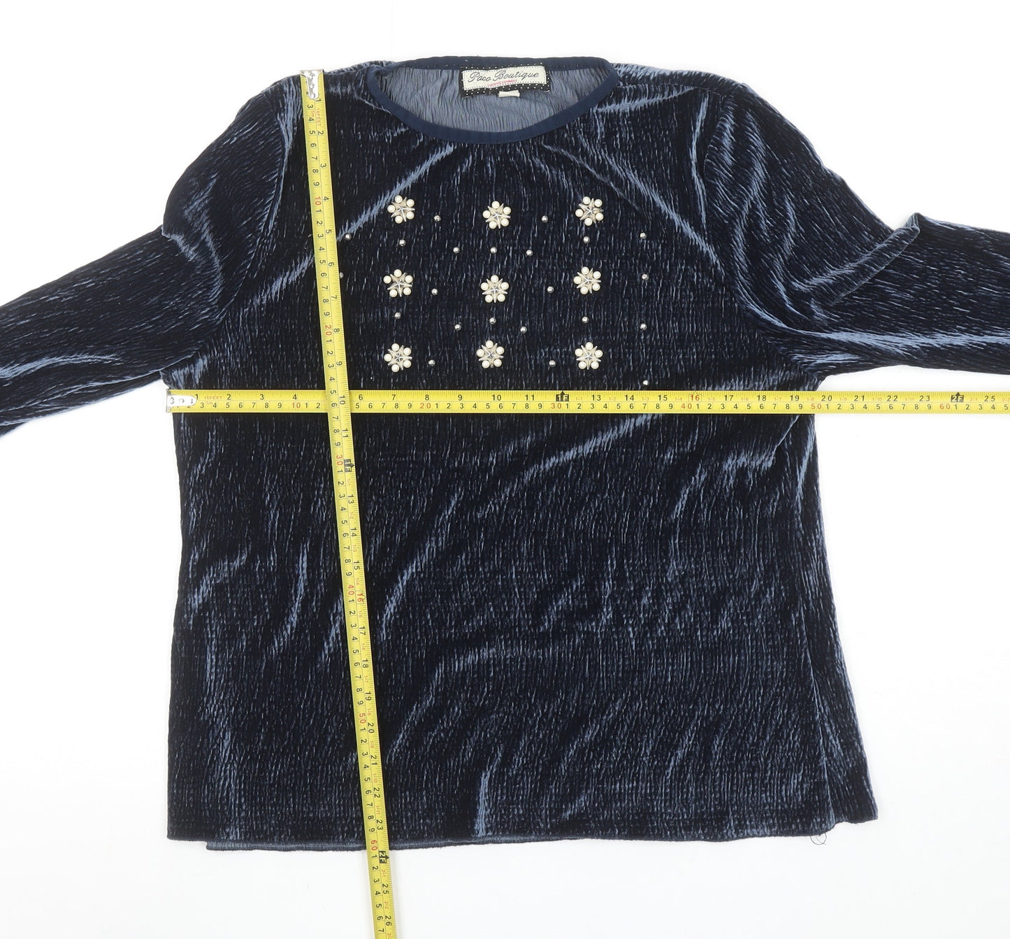 Paco Boutique Women Blue Velvet Beaded Bell Sleeve Tunic Blouse Size 14