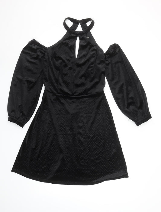 River Island Women’s Black Velvet Cold Shoulder A-Line Halter Dress Size 8
