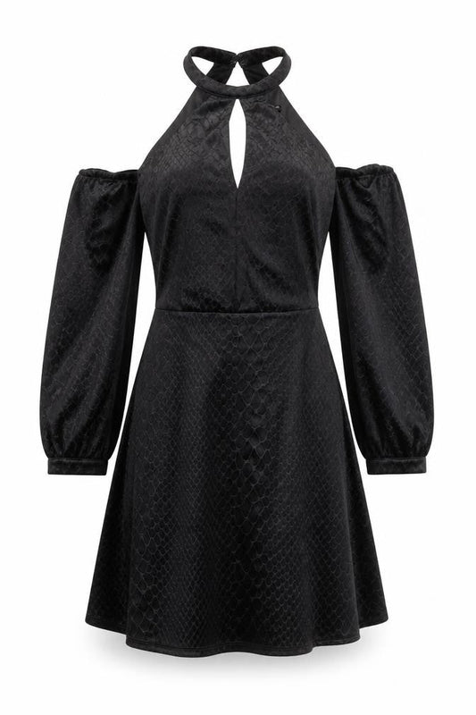 River Island Women’s Black Velvet Cold Shoulder A-Line Halter Dress Size 8