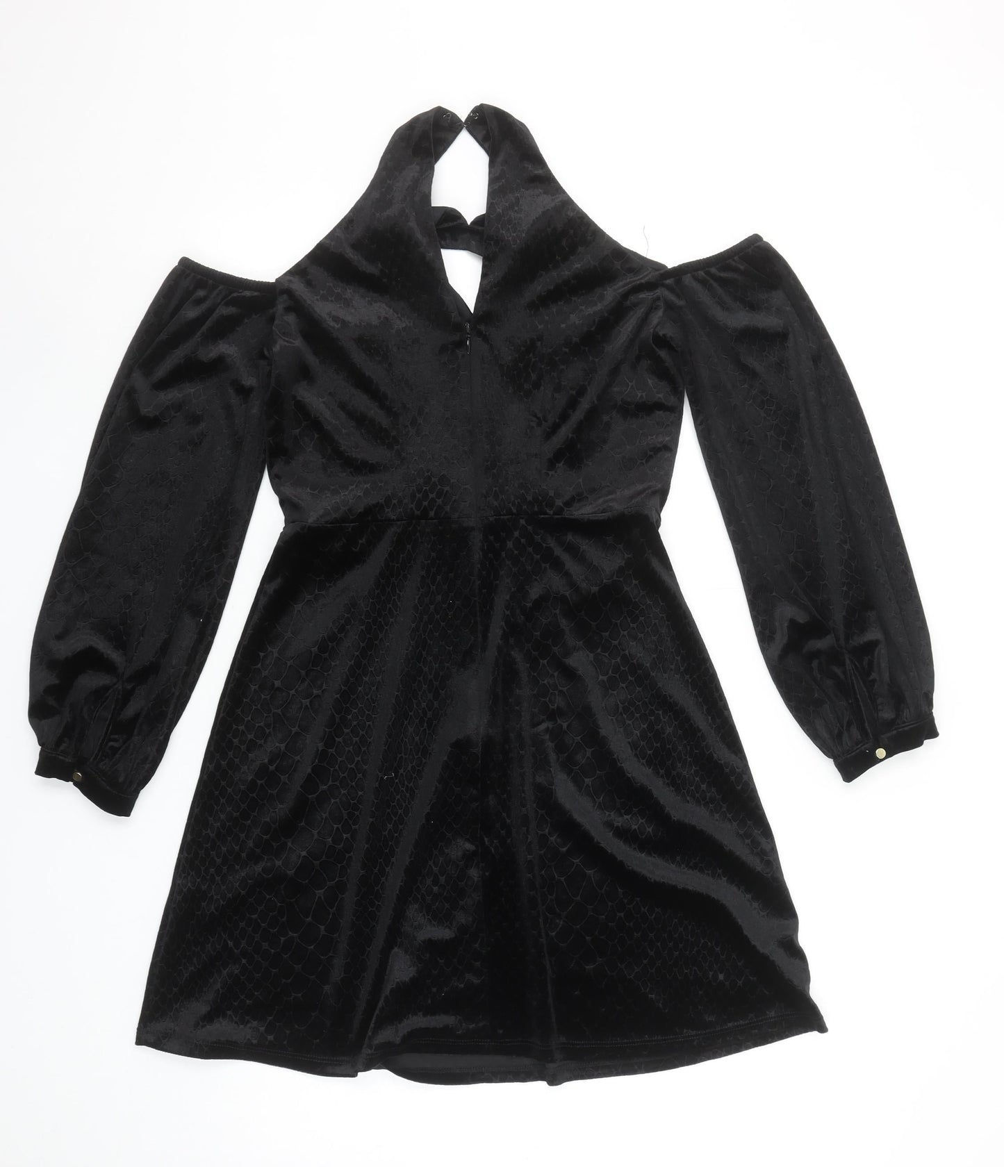 River Island Women’s Black Velvet Cold Shoulder A-Line Halter Dress Size 8