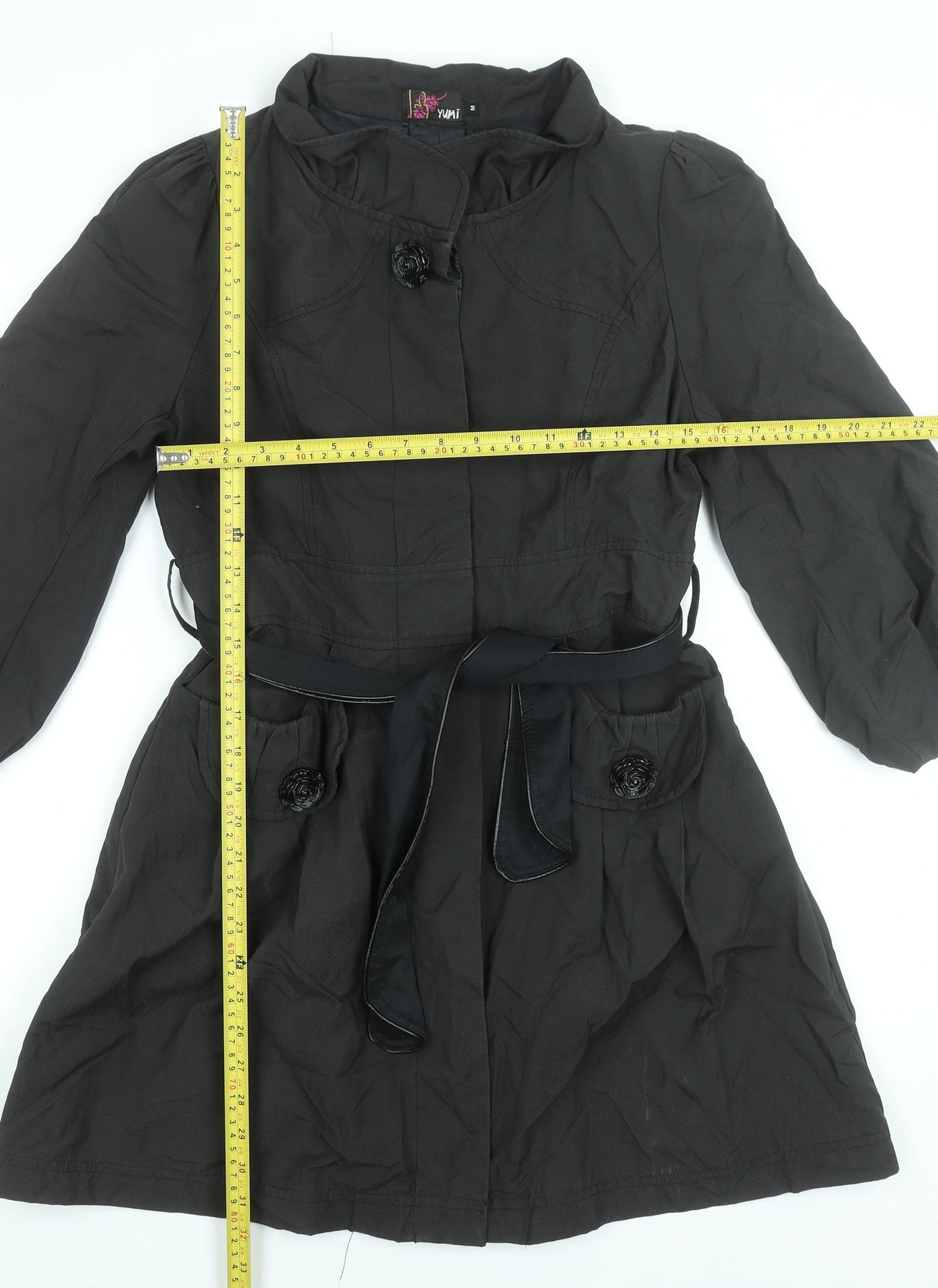 Yumi Women's Black Belted Mid-Length Trench Coat Size M