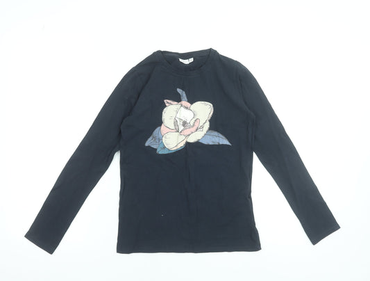 Name It Girls Black Long Sleeve Cotton T-Shirt 11-12 Years Floral Graphic
