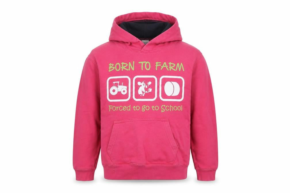 AWDis Girls Pink Pullover Hoodie 7-8 Years Born to Farm Graphic Sweatshirt