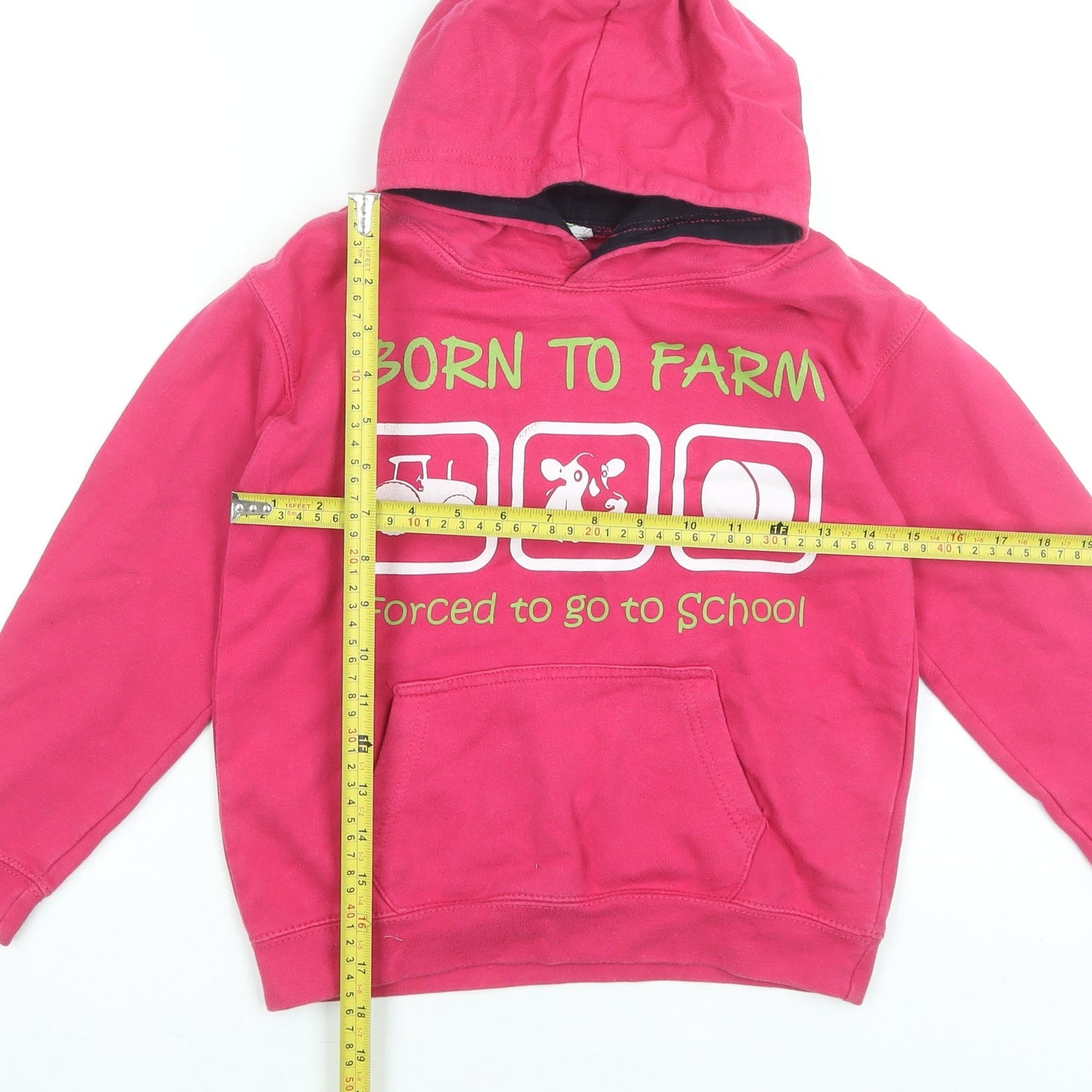 AWDis Girls Pink Pullover Hoodie 7-8 Years Born to Farm Graphic Sweatshirt
