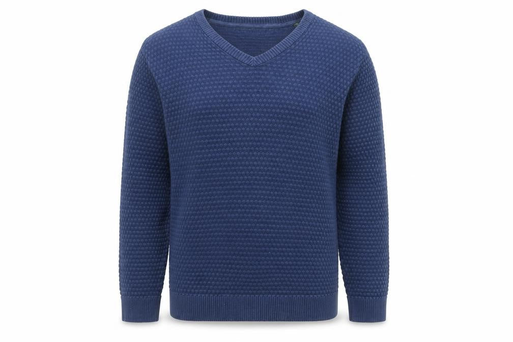 Trial Men Blue Cotton V-Neck Waffle Knit Pullover Jumper XL