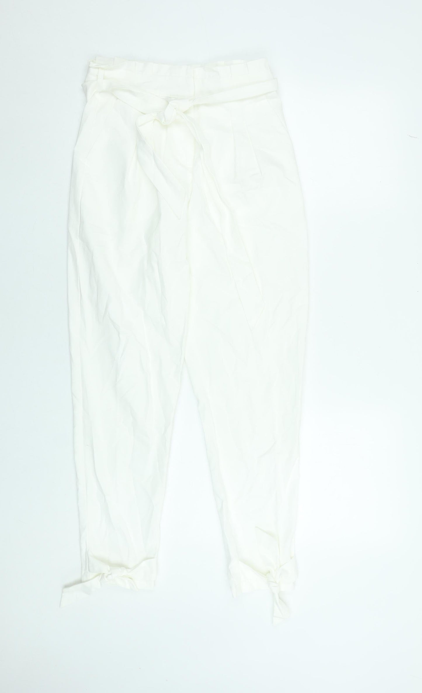SBetro Women's White Paperbag Belted Cotton Trousers Size S