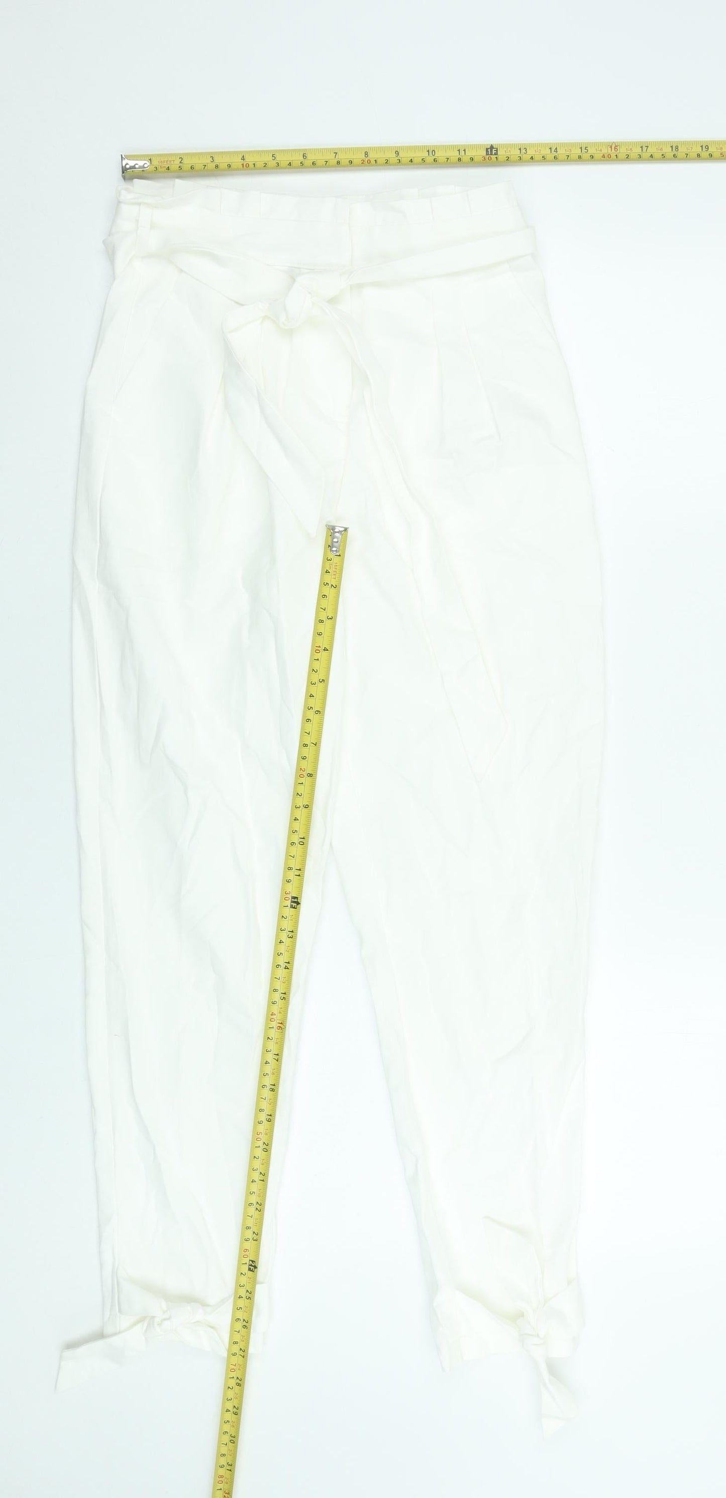 SBetro Women's White Paperbag Belted Cotton Trousers Size S