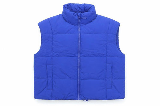 Front view of Dunnes Women Blue Puffer Waistcoat, size 16, Polyester Zip