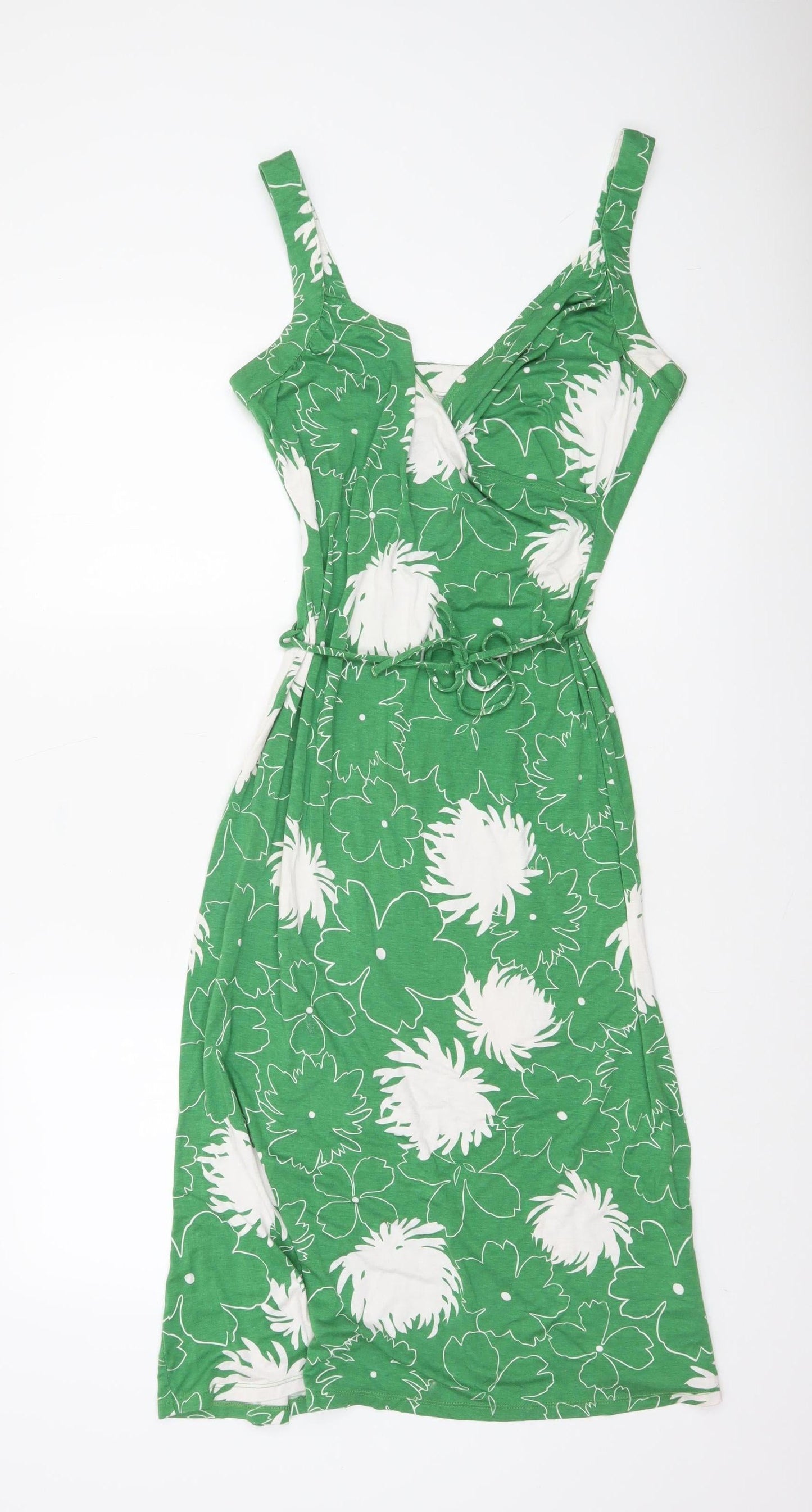 Wallis Women Green Floral Wrap Dress Size 10 Sleeveless V-Neck