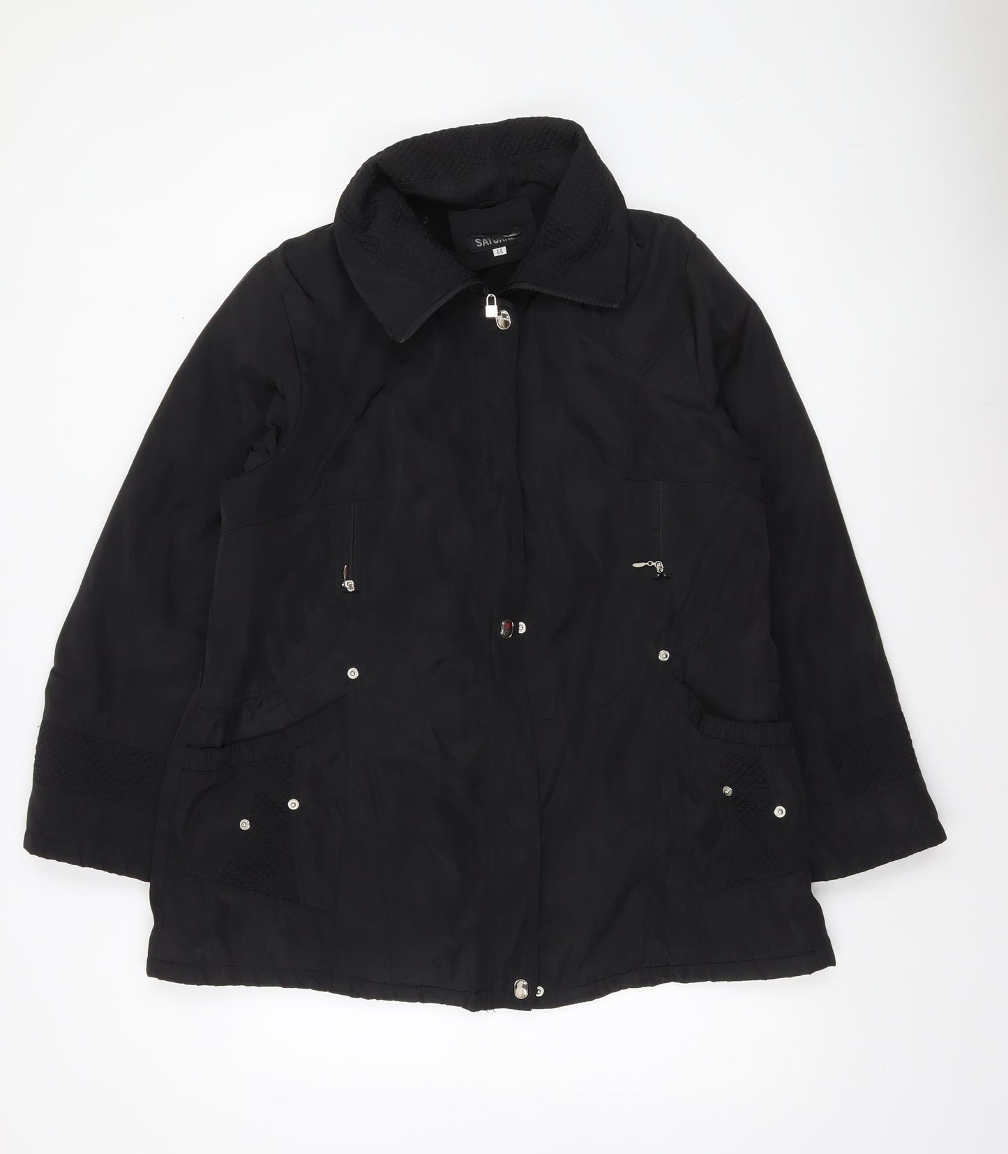 Saturne Women’s Black Mid-Length Zip Jacket Size 16 Polyester Lined