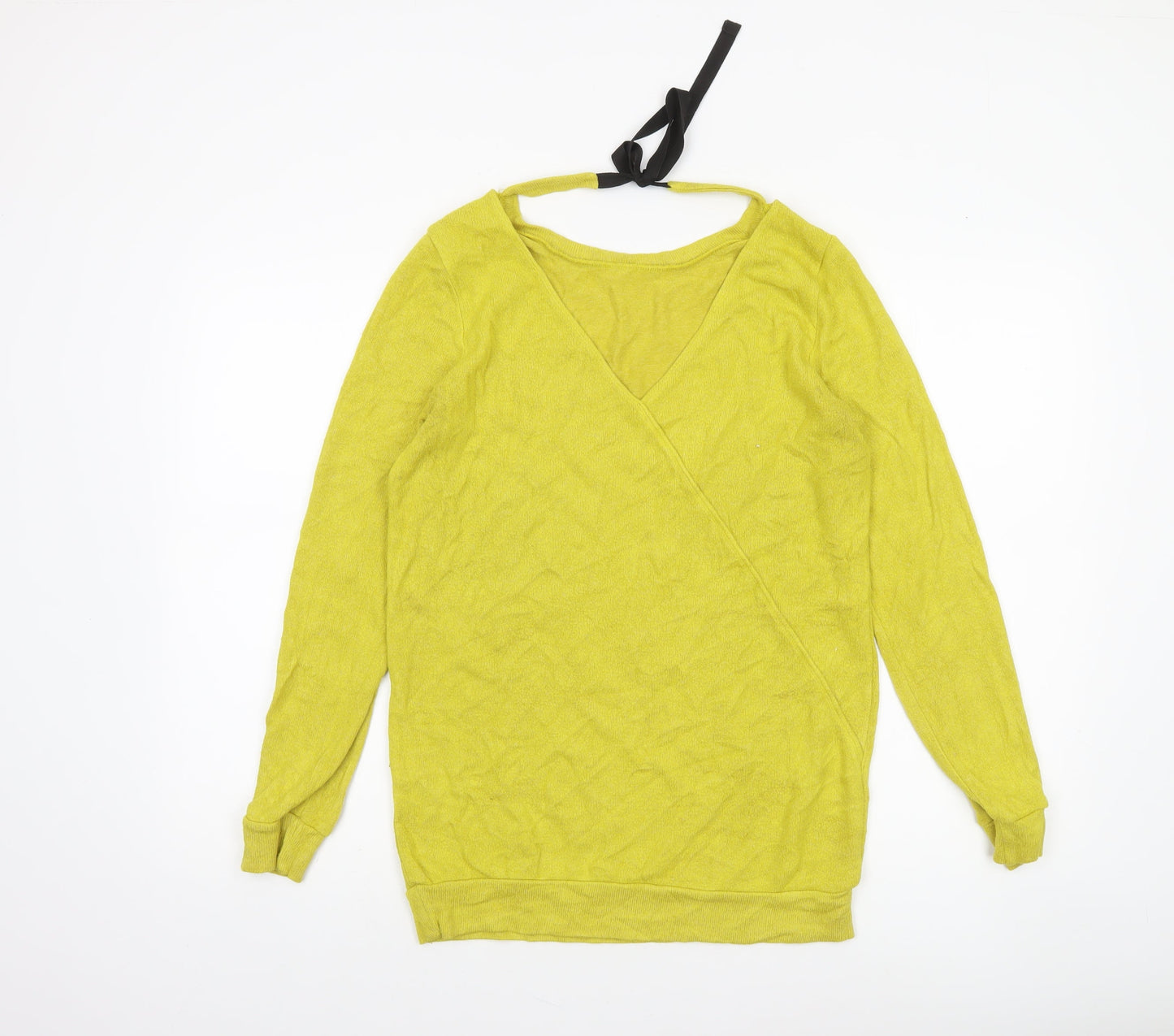 River Island Women's Yellow Wrap V-Neck Jumper Size 6 Lightweight Knit