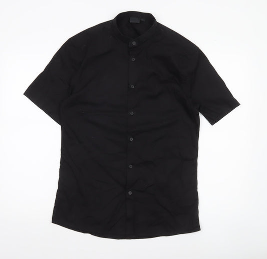 ASOS Men’s Black Slim Fit Short Sleeve Band Collar Button-Up Shirt Medium
