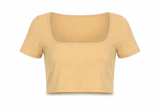 Zara Women’s Beige Cropped Ribbed Square Neck T-Shirt Size M