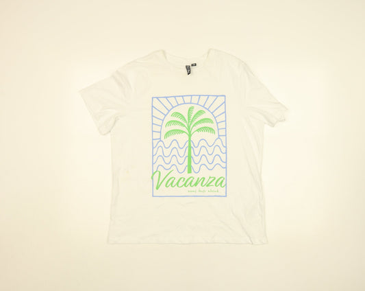 Pieces Women's White Cotton Graphic T-Shirt Size S Vacanza Print