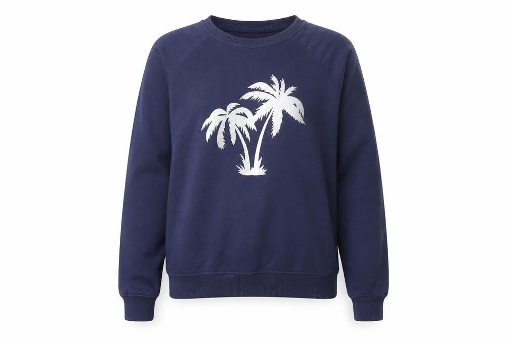 Sarti Women’s Navy Blue Palm Print Cotton Blend Pullover Sweatshirt Size S