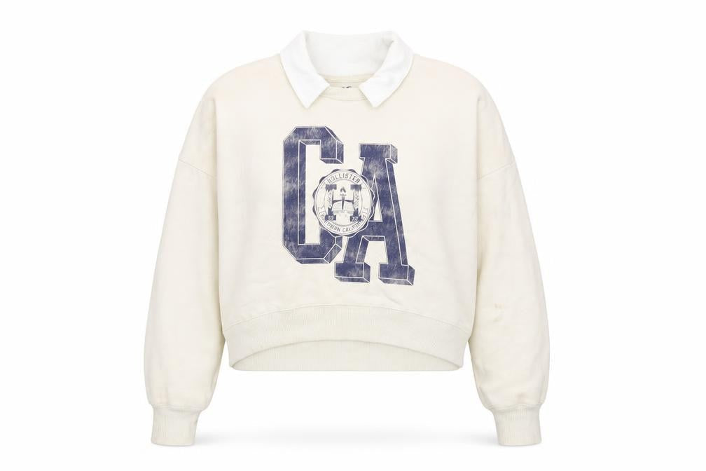 Hollister Women Beige Collared Pullover Sweatshirt S CA Print