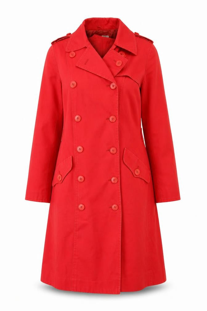 Hanae Mori Vivid Red Women's Long Cotton Trench Coat Size 6