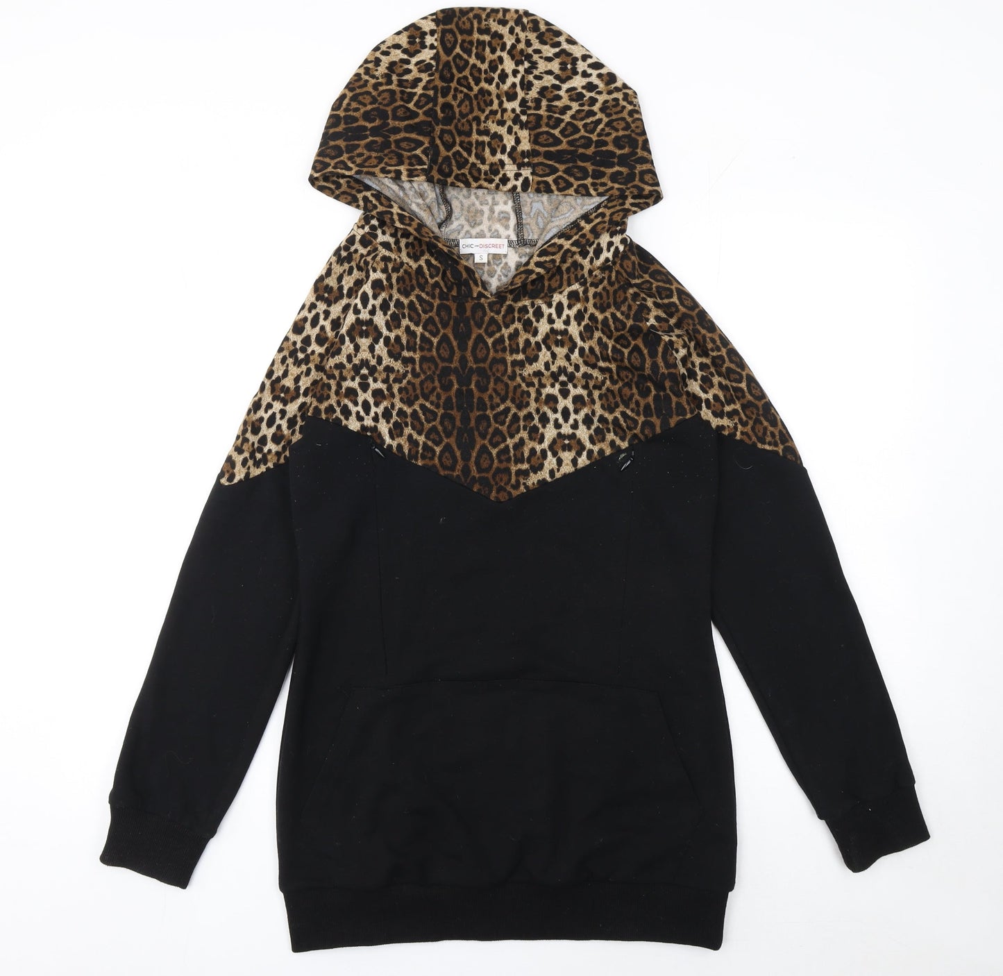 Chic and Discreet Womens Black Leopard Print Hooded Pullover Hoodie Size S