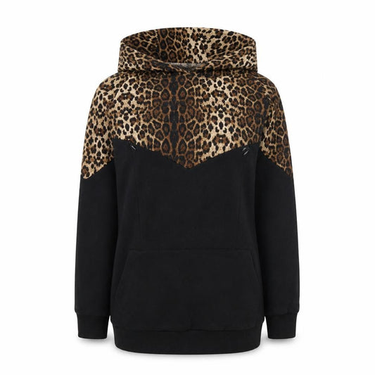 Chic and Discreet Womens Black Leopard Print Hooded Pullover Hoodie Size S