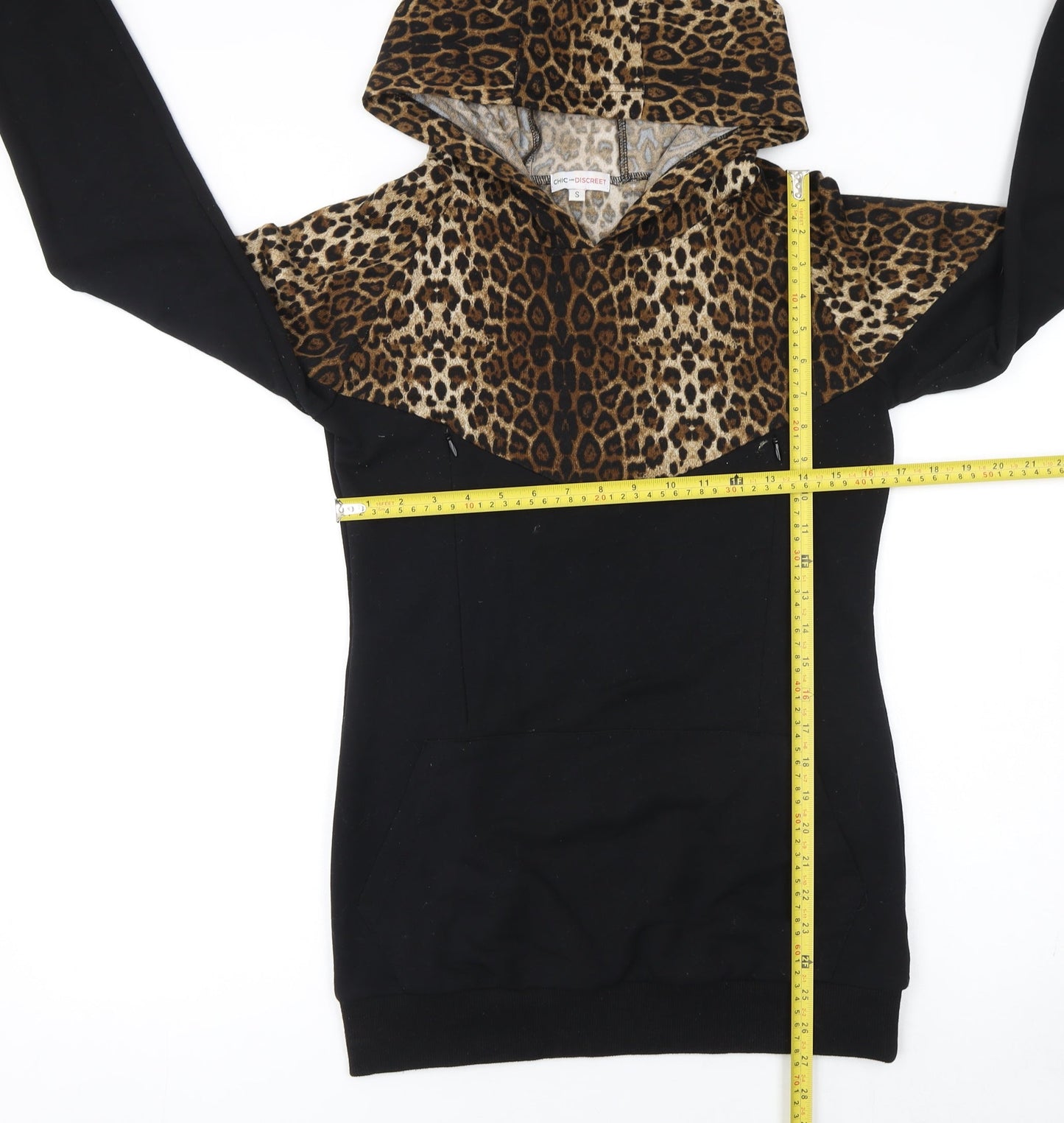 Chic and Discreet Womens Black Leopard Print Hooded Pullover Hoodie Size S