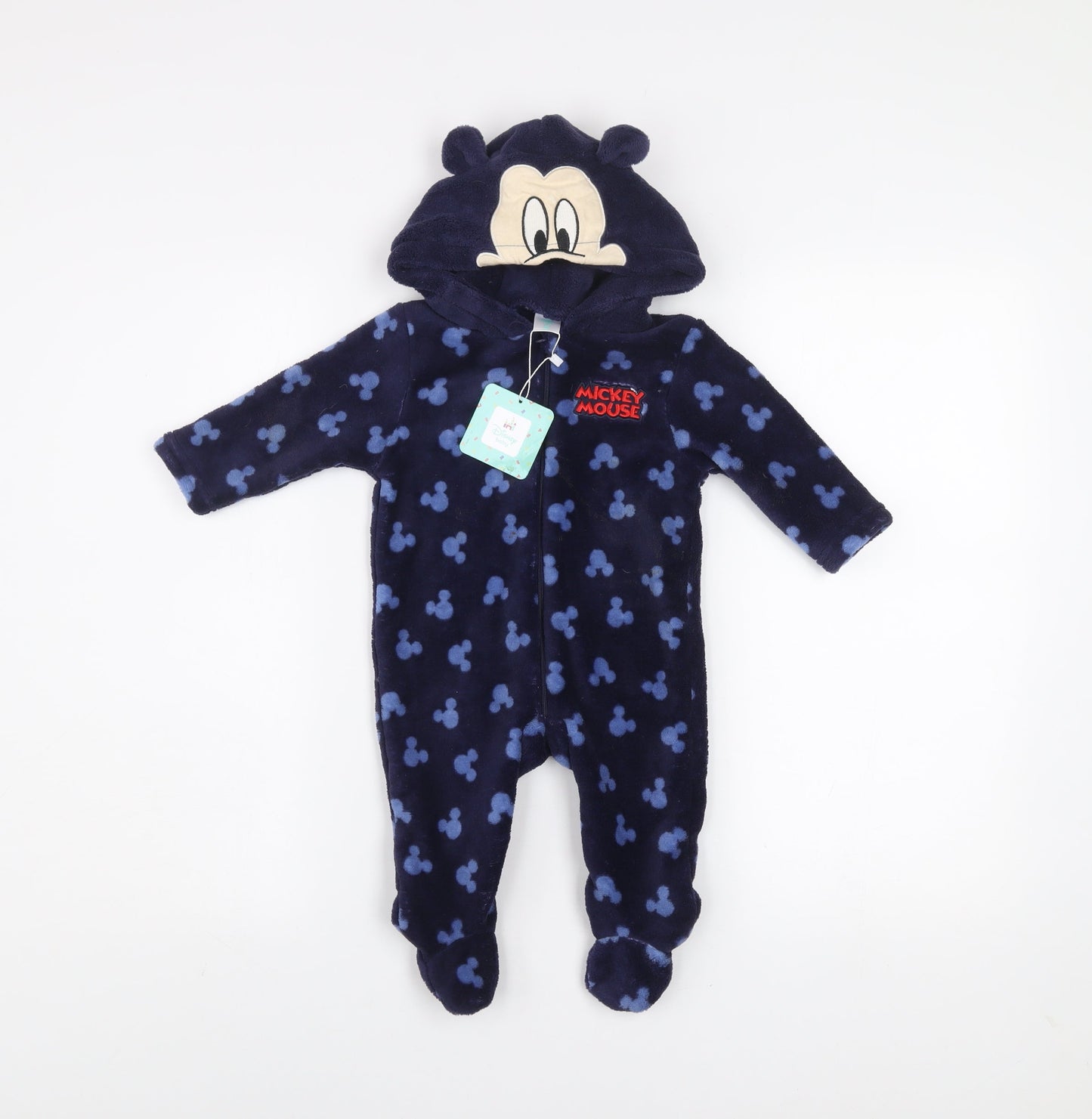 Disney Baby Blue Fleece Mickey Mouse Hooded One Piece Sleepsuit 9 Months