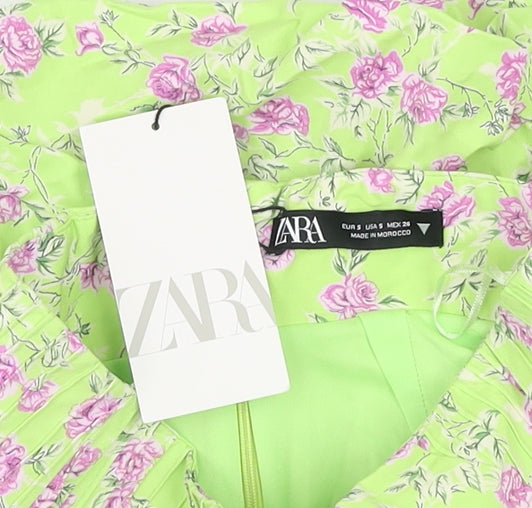 Zara Women Green Floral Short Bubble Hem Skirt Size S