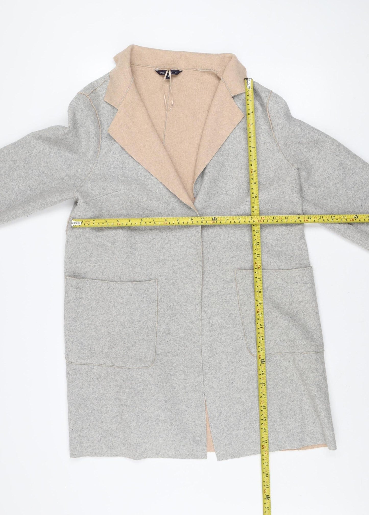Marks and Spencer Women Grey Beige Coatigan Size 14 Petite Wool Blend