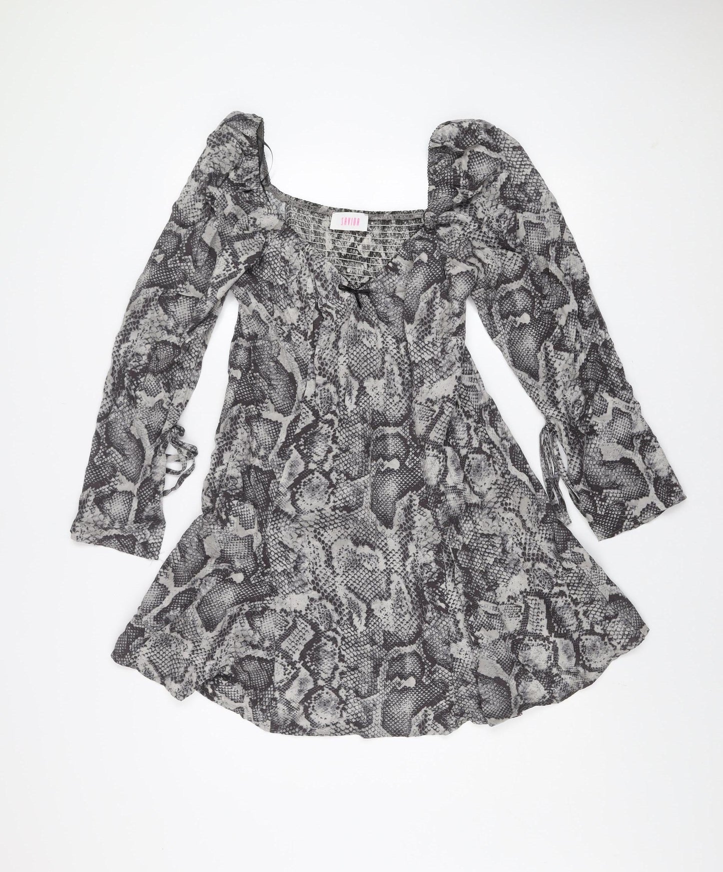 Savida Women Grey Snake Print Mini Dress Size 12 Long Sleeve Ruched