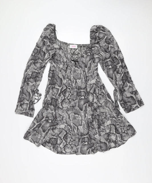 Savida Women Grey Snake Print Mini Dress Size 12 Long Sleeve Ruched