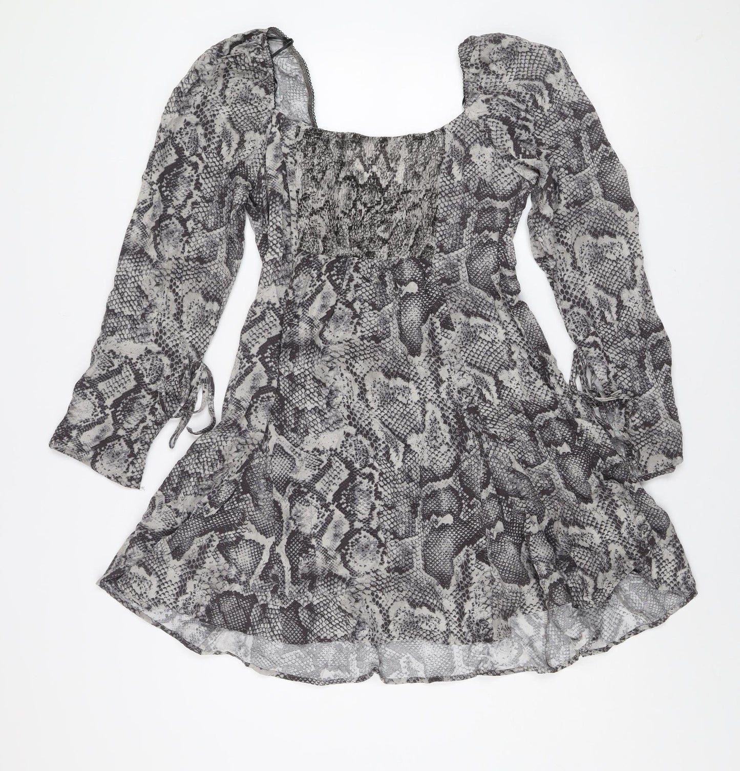 Savida Women Grey Snake Print Mini Dress Size 12 Long Sleeve Ruched