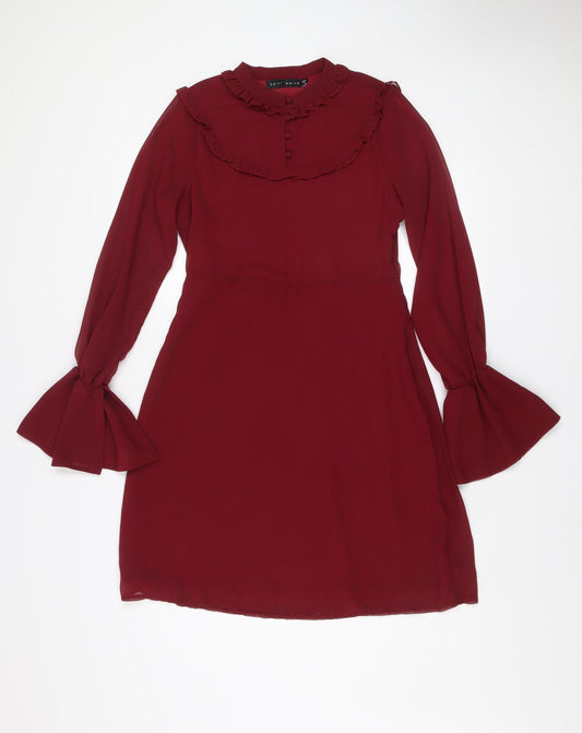 Saint Maine Women Red Size 10 Ruffle High Neck Long Sleeve Shift Dress