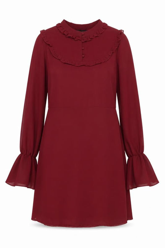 Saint Maine Women Red Size 10 Ruffle High Neck Long Sleeve Shift Dress