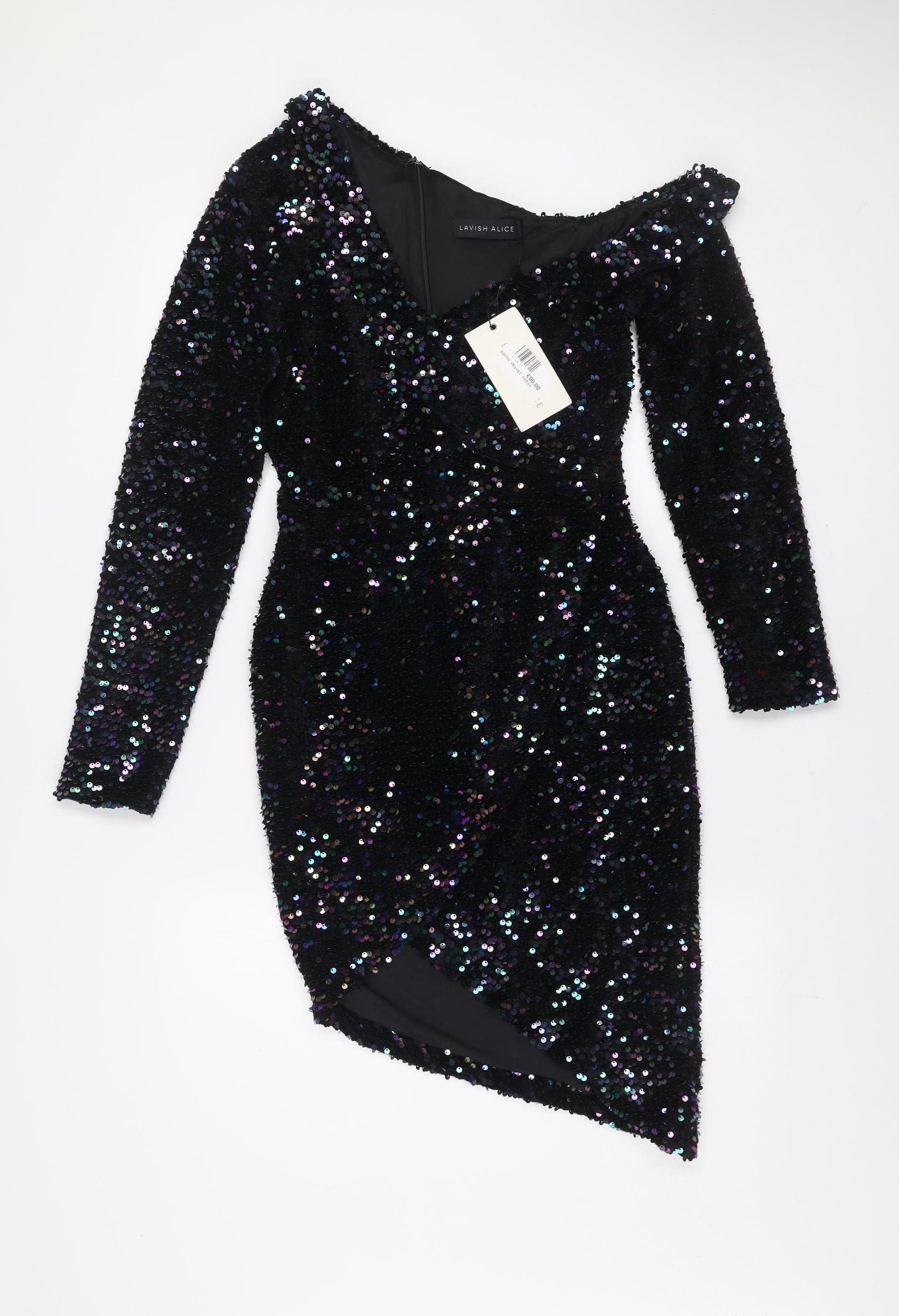 Lavish Alice Women's Black Sequin Velvet Off Shoulder Bodycon Mini Dress Size 10
